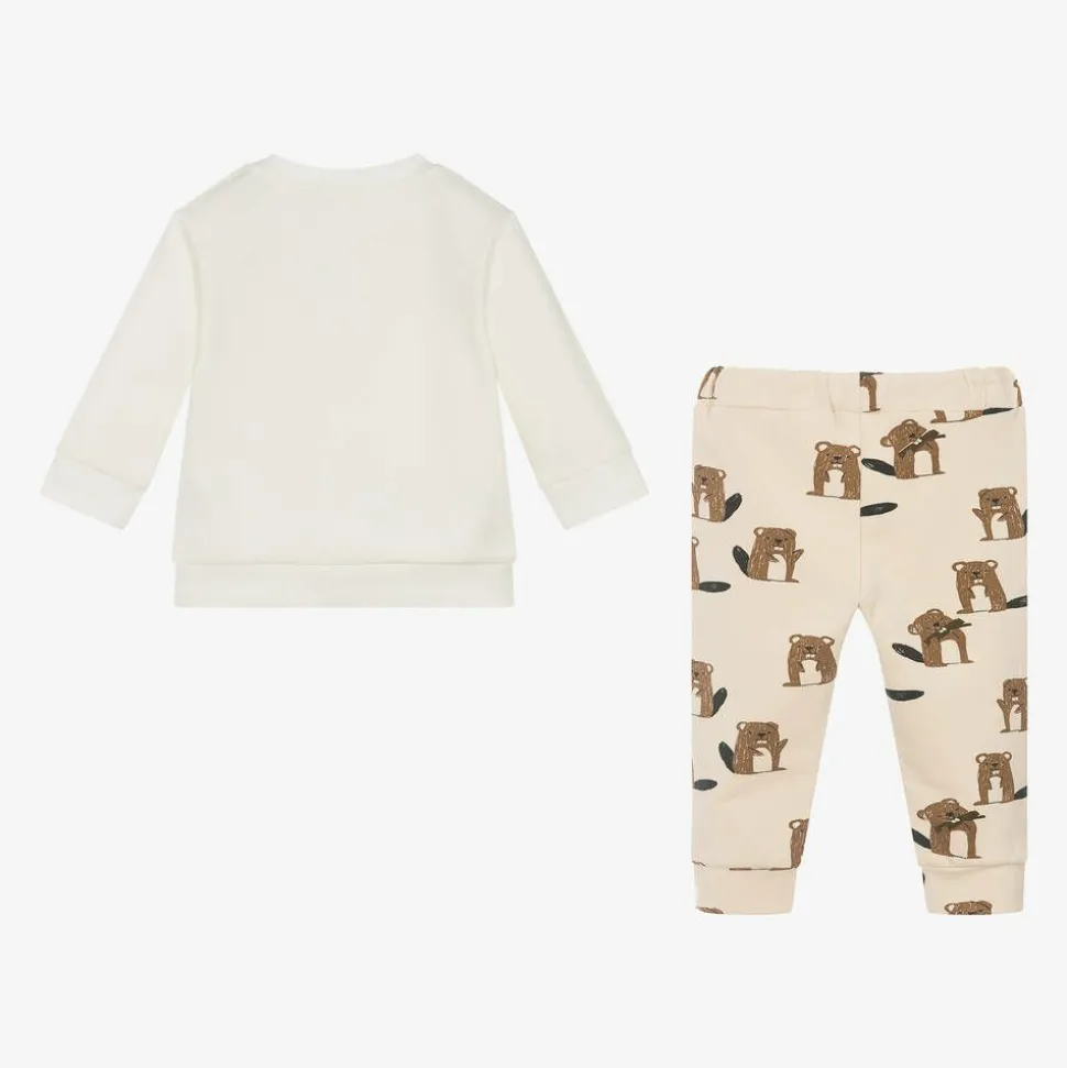 Boys Beige Cotton Beaver Print Trouser Set