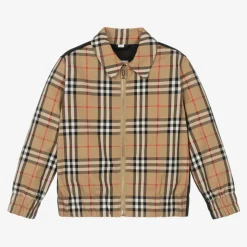 Boys Beige Cotton Check Zip-Up Jacket