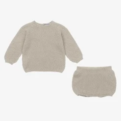 Boys Beige Cotton Knit Shorts Set