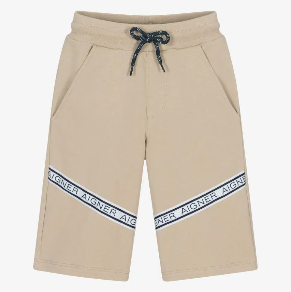 Boys Beige Cotton Logo Tape Shorts