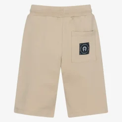 Boys Beige Cotton Logo Tape Shorts