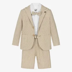 Boys Beige Cotton Stripe Shorts Suit