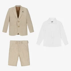Boys Beige Cotton Stripe Shorts Suit