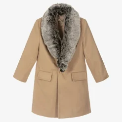 Boys Beige Faux Fur Trim Coat