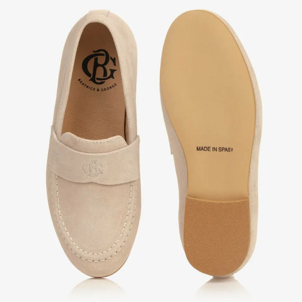 Boys Beige Leather Monogram Loafers