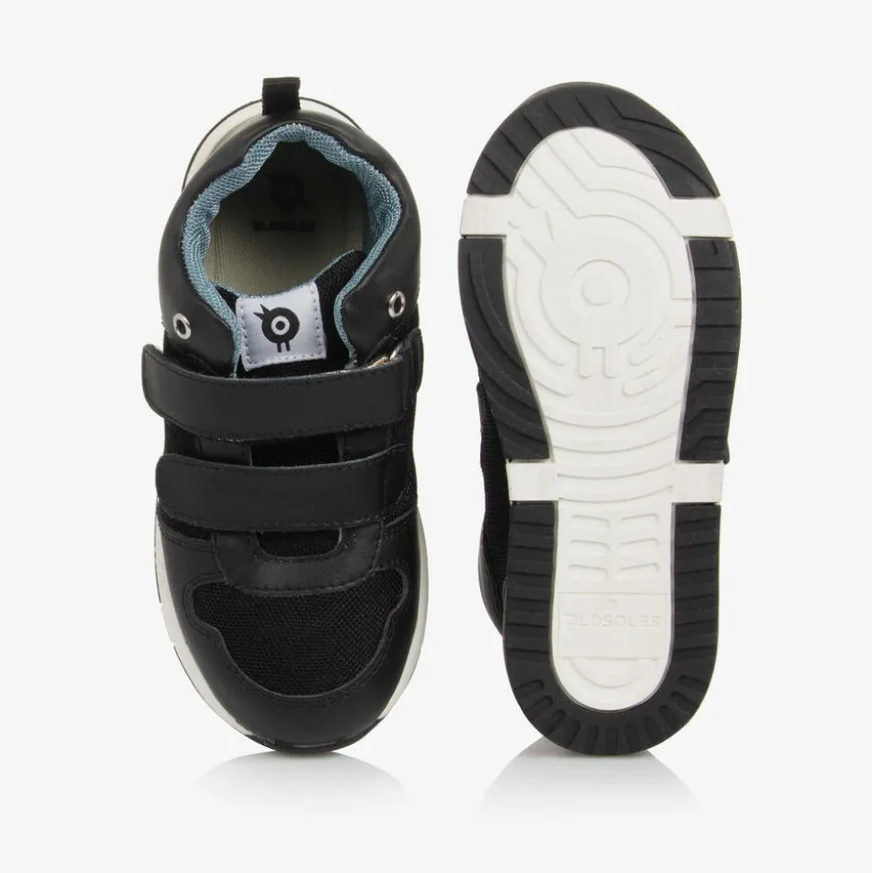 Boys Black Leather & Mesh Velcro Trainers
