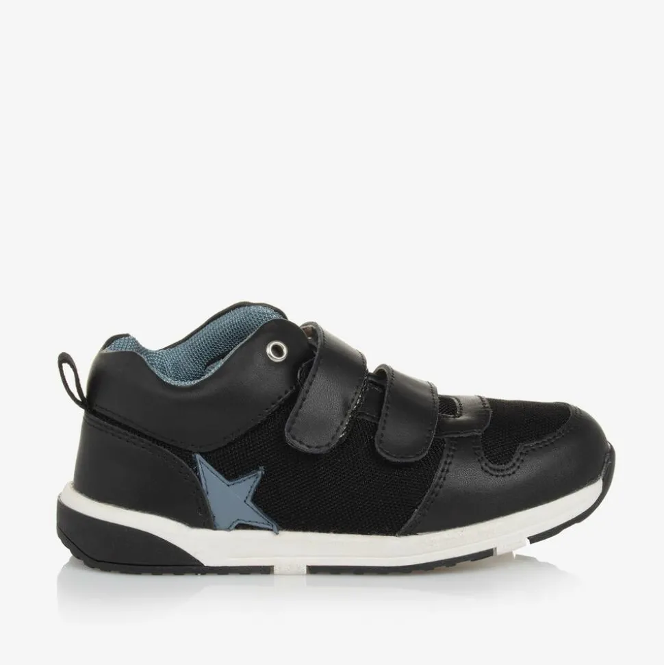Boys Black Leather & Mesh Velcro Trainers