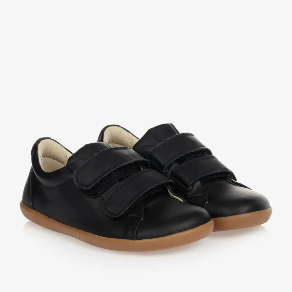 Boys Black Leather Velcro Trainers