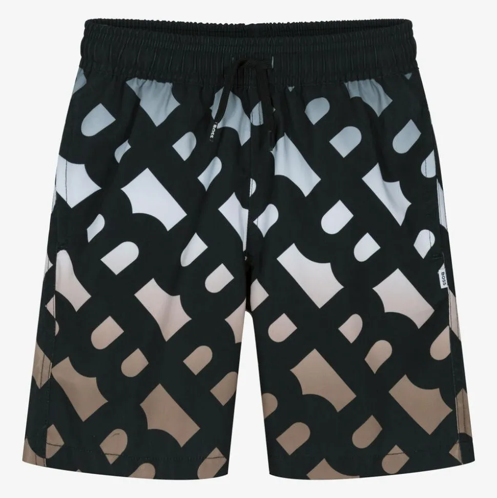 Boys Black Monogram Swim Shorts