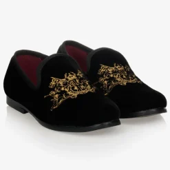 Boys Black Velvet Gold Crest Shoes