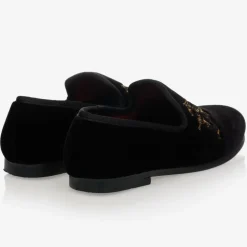 Boys Black Velvet Gold Crest Shoes