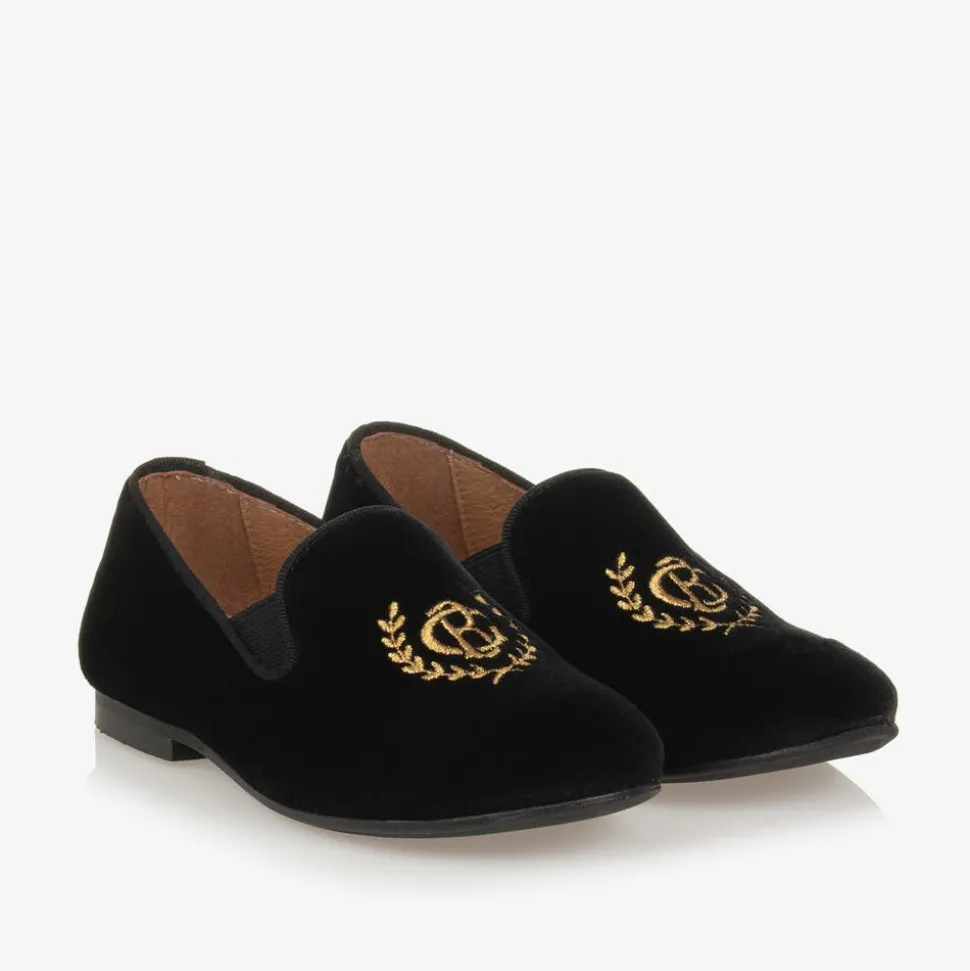 Boys Black Velvet Monogram Loafers