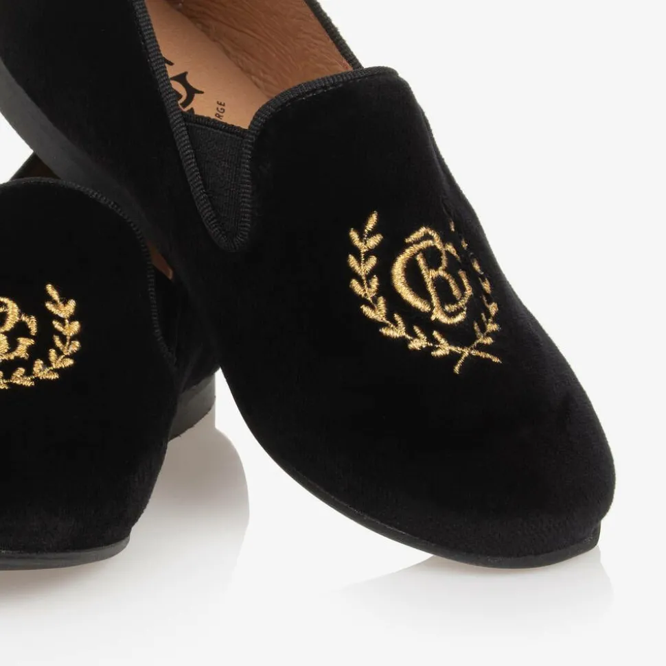 Boys Black Velvet Monogram Loafers
