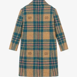 Boys Blue & Beige GG Check Wool Coat
