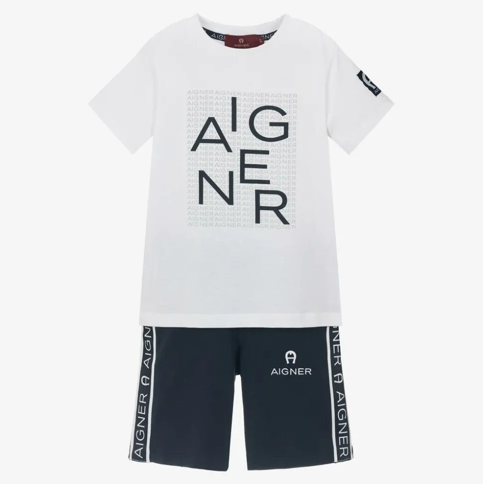 Boys Blue & White Cotton Shorts Set