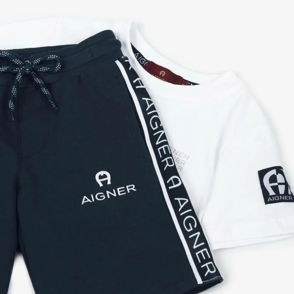 Boys Blue & White Cotton Shorts Set