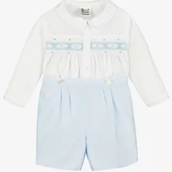 Boys Blue & White Hand-Smocked Buster Suit