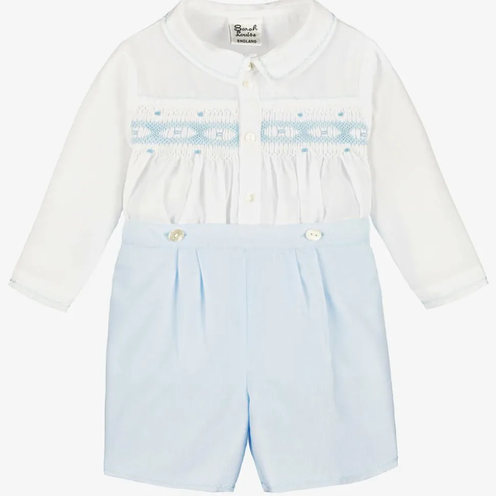 Boys Blue & White Hand-Smocked Buster Suit