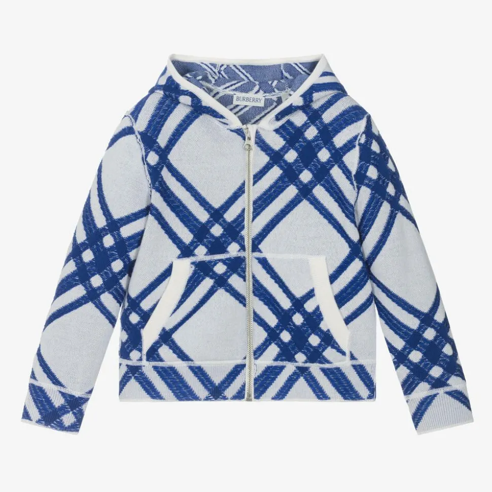 Boys Blue Check Wool Zip-Up Hoodie
