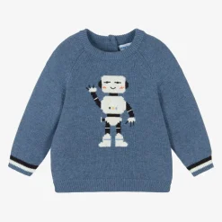 Boys Blue Cotton & Wool Knit Robot Sweater