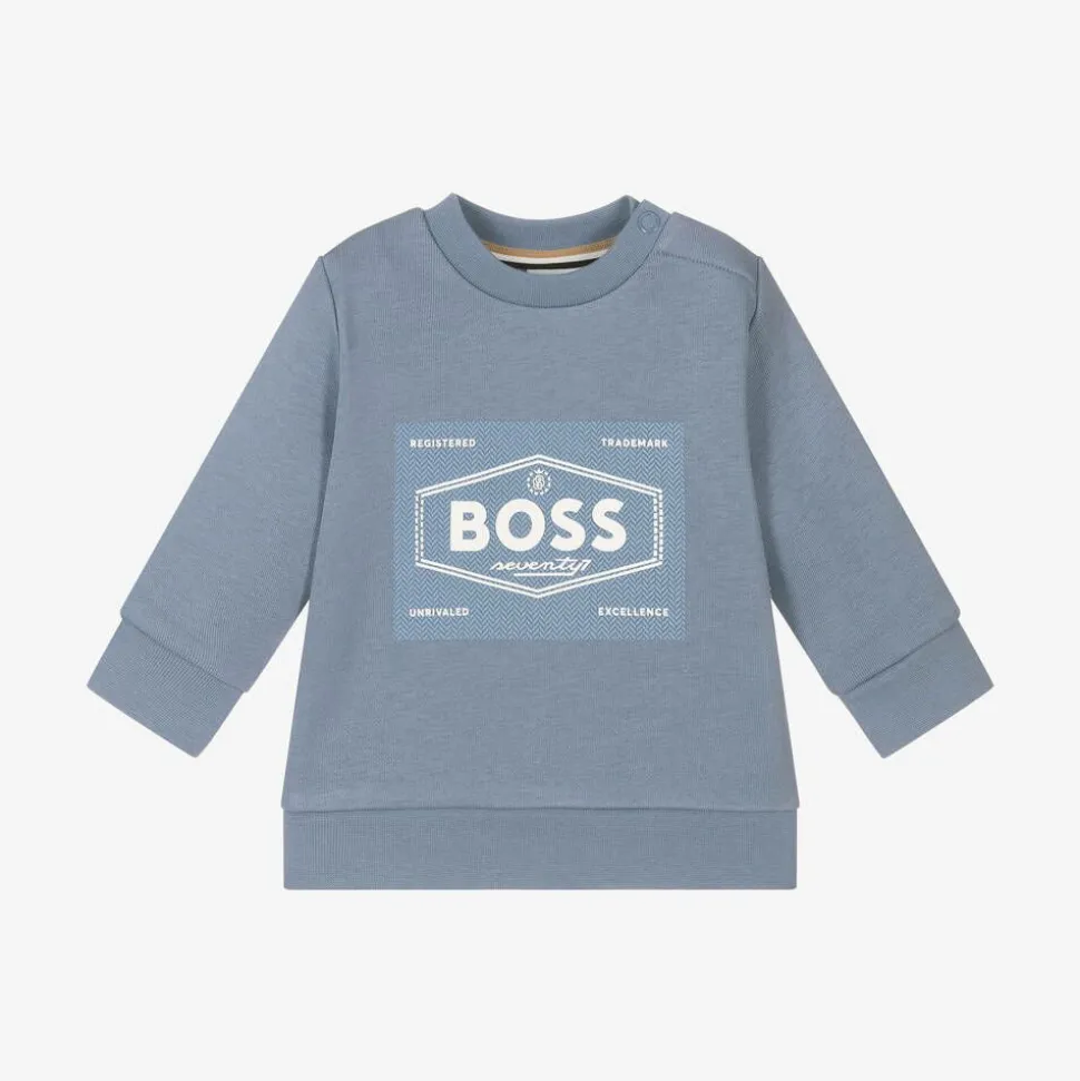 Boys Blue Cotton BOSS 1977 Logo Sweatshirt