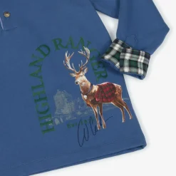 Boys Blue Cotton Deer Print Polo Shirt