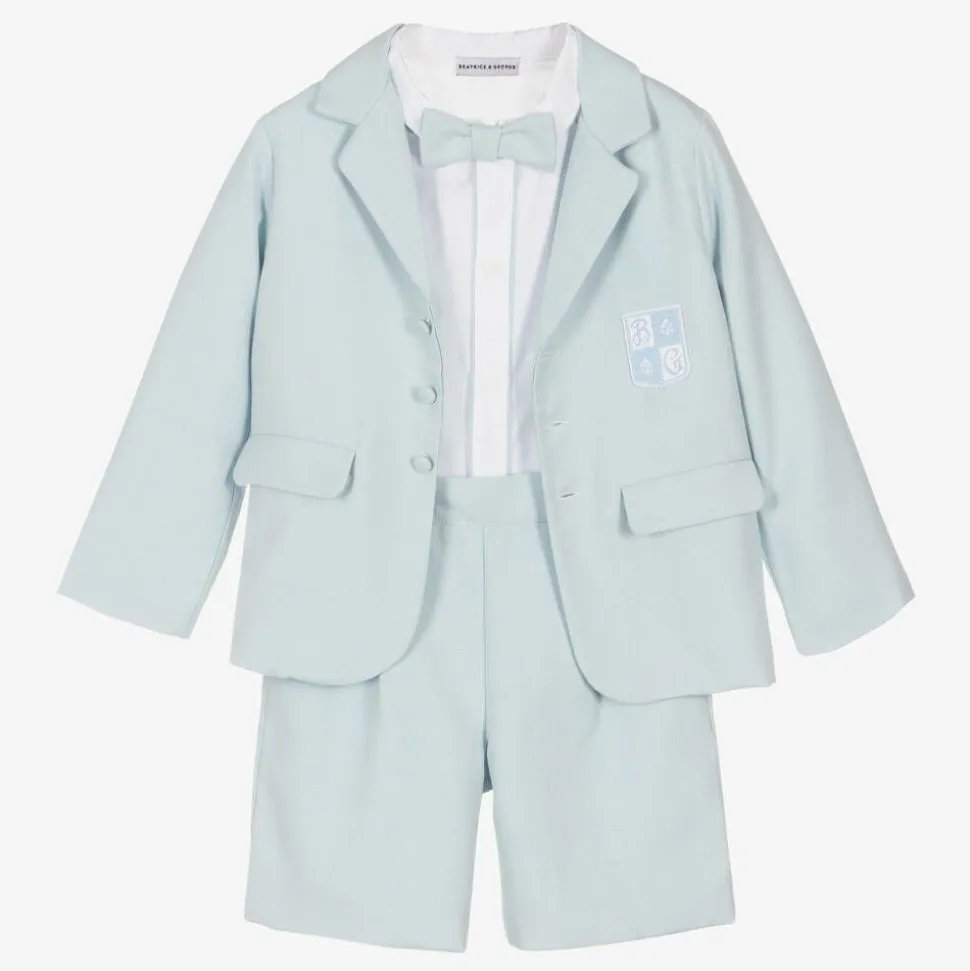 Boys Blue Herringbone Cotton Shorts Suit
