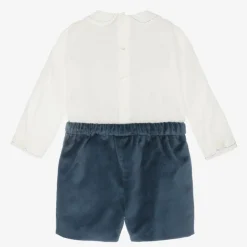 Boys Blue Velvet Hand-Smocked Buster Suit