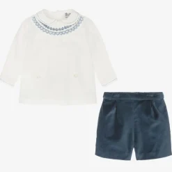 Boys Blue Velvet Hand-Smocked Buster Suit