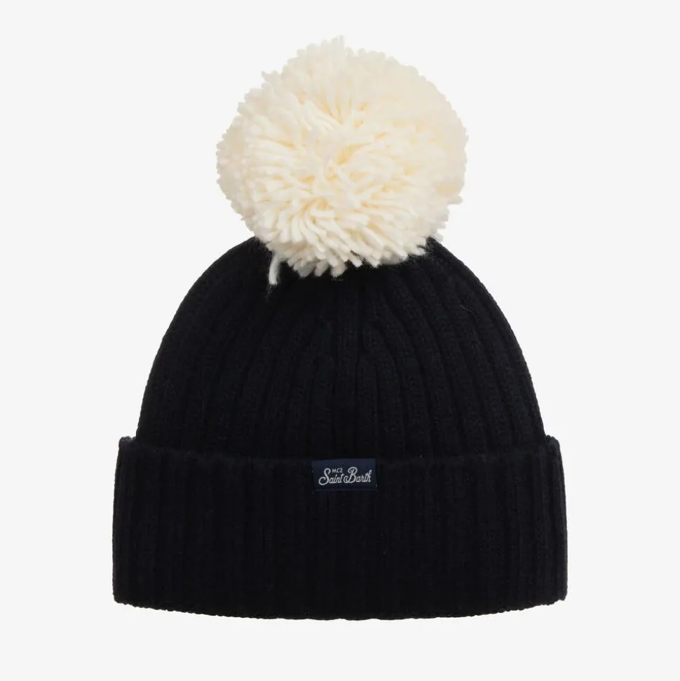 Boys Blue Wool Knit Pom-Pom Hat