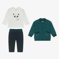 Boys Green & Blue Cotton Panda Tracksuit Set