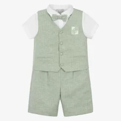 Boys Green Cotton & Linen Waistcoat Suit