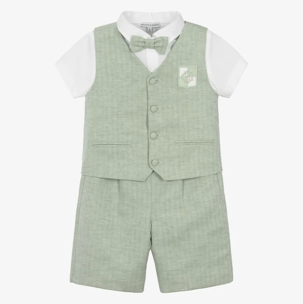Boys Green Cotton & Linen Waistcoat Suit