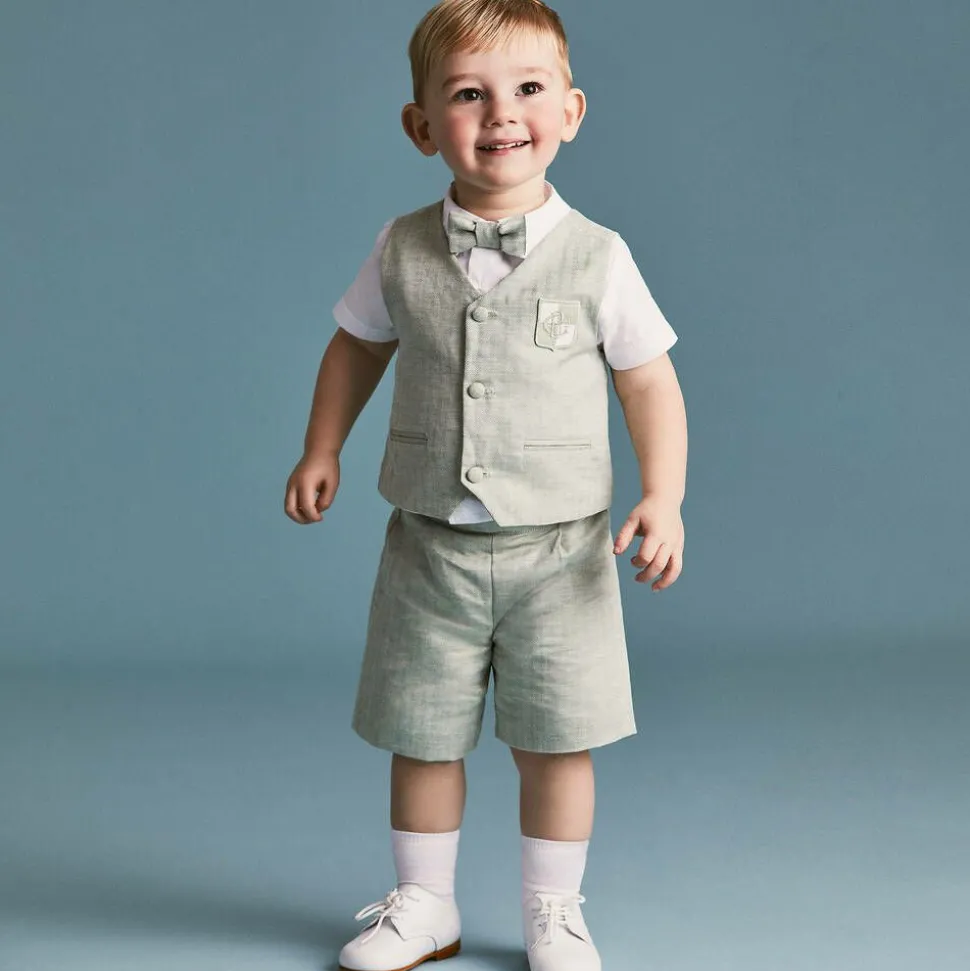 Boys Green Cotton & Linen Waistcoat Suit