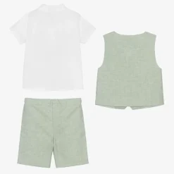 Boys Green Cotton & Linen Waistcoat Suit