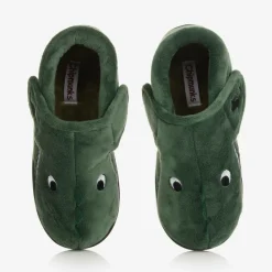 Boys Green Dinosaur Velcro Slippers