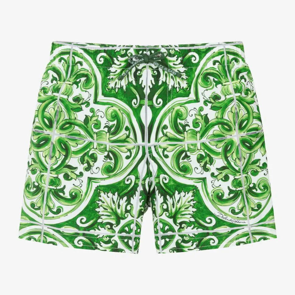 Boys Green Majolica Print Swim Shorts