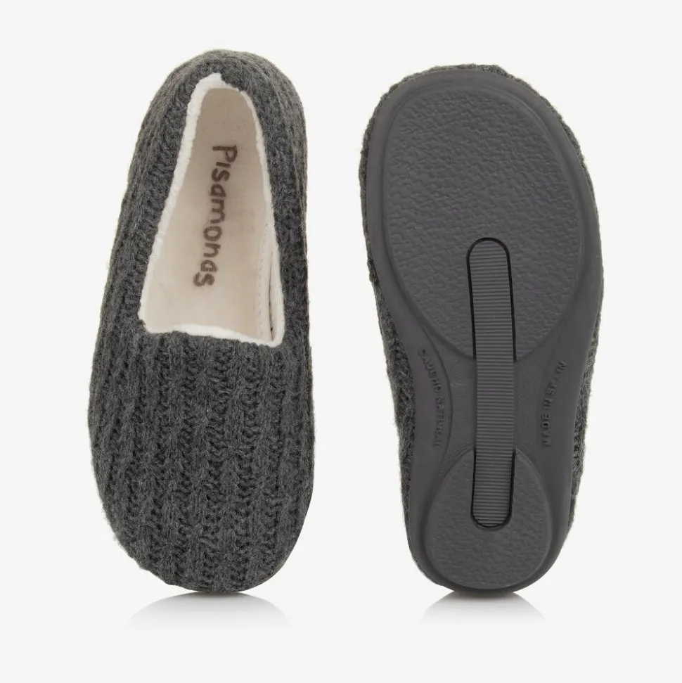 Boys Grey Cable Knit Slippers