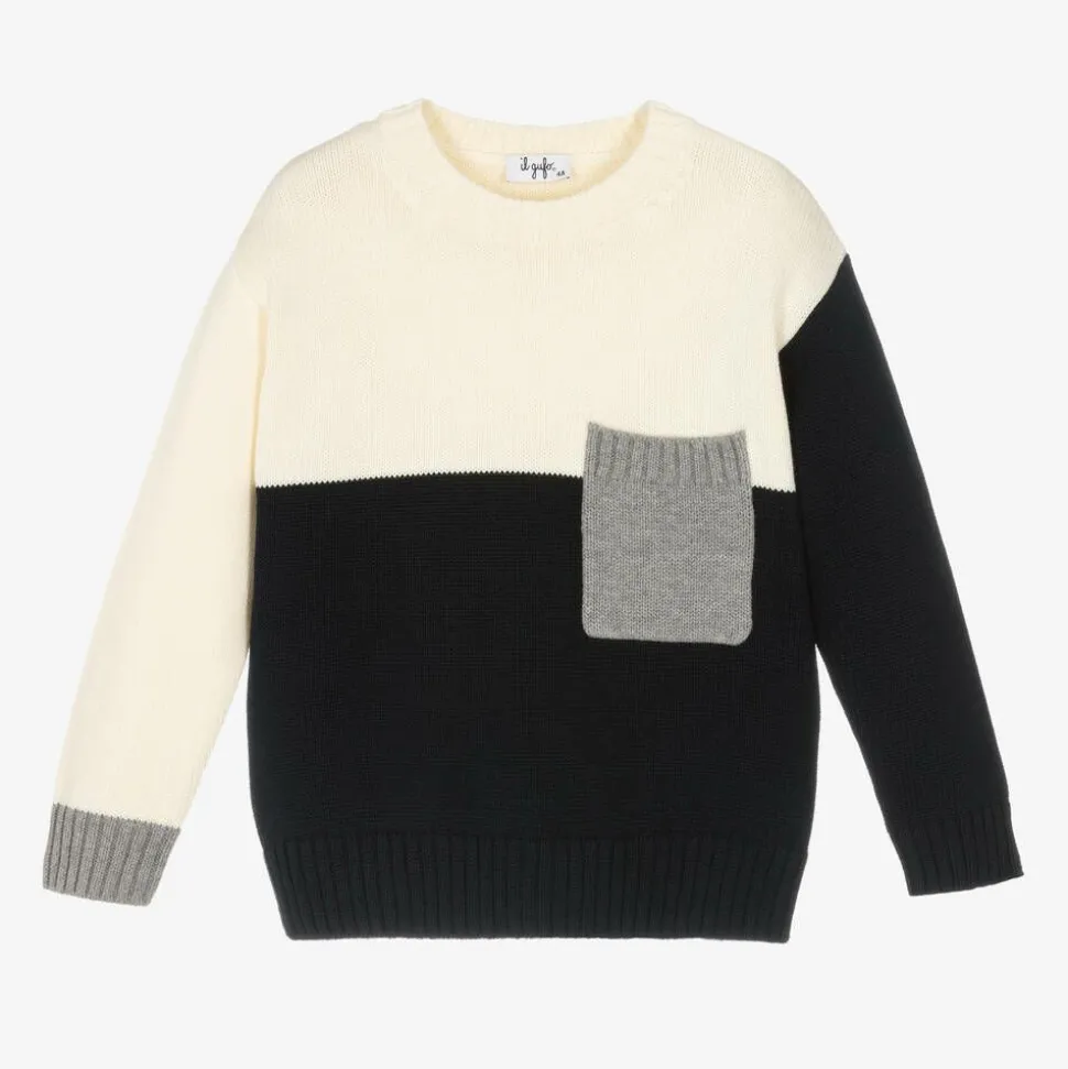 Boys Ivory & Blue Cotton Knit Sweater