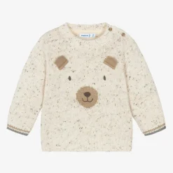 Boys Ivory Wool Knit Bear Sweater