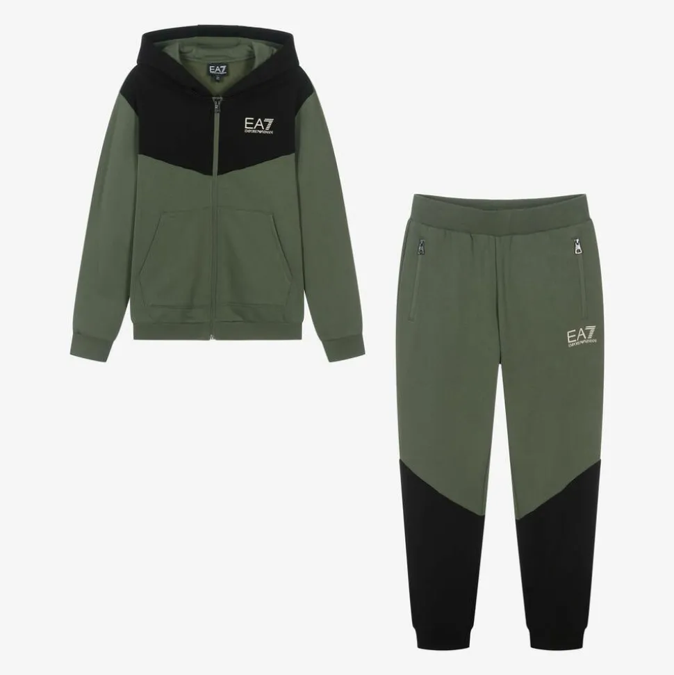 Boys Khaki Green Cotton Colourblock Tracksuit