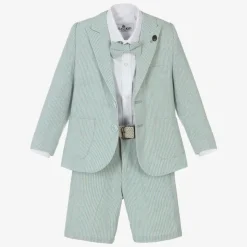 Boys Mint Blue Cotton Stripe Shorts Suit