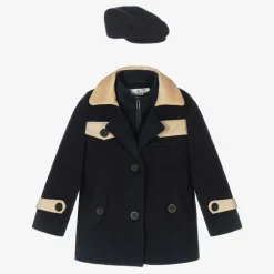 Boys Navy Blue & Beige Coat & Hat Set