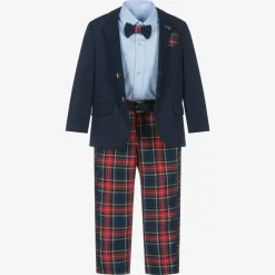 Boys Navy Blue & Red Tartan Suit