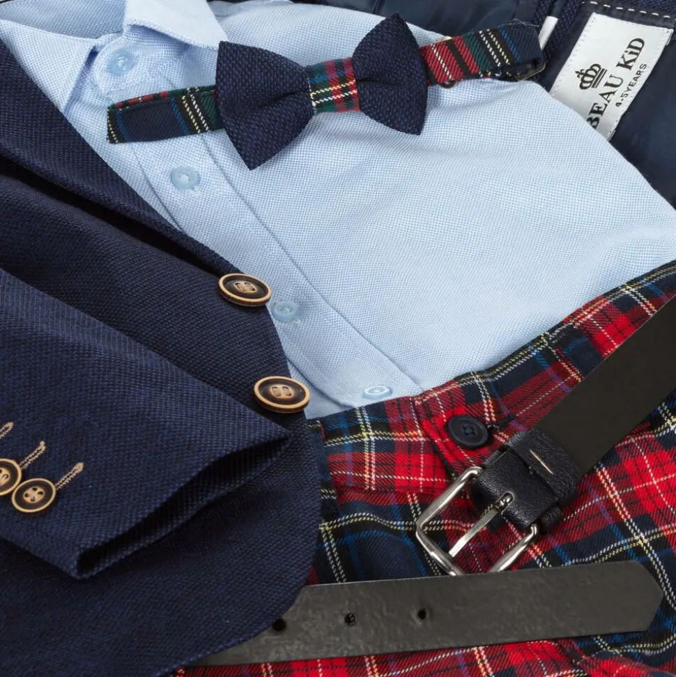 Boys Navy Blue & Red Tartan Suit
