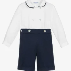 Boys Navy Blue & White Cotton Buster Suit