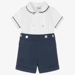 Boys Navy Blue & White Cotton Buster Suit