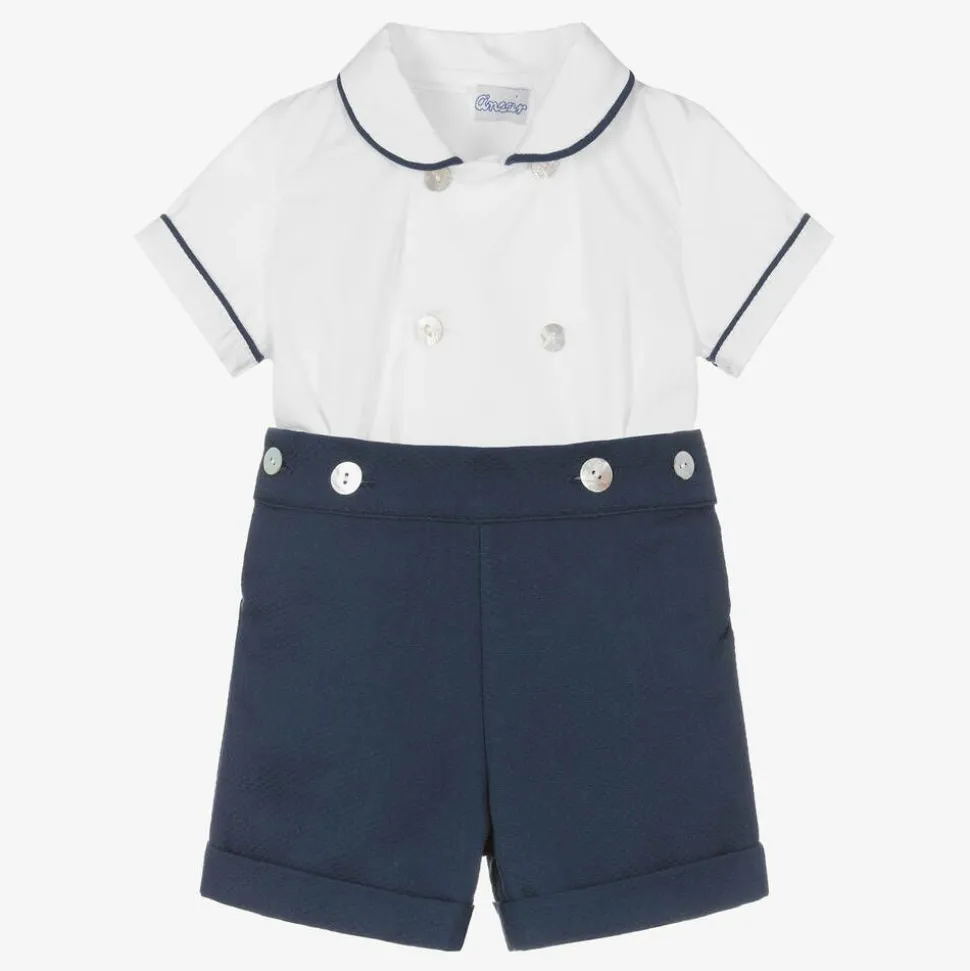 Boys Navy Blue & White Cotton Buster Suit