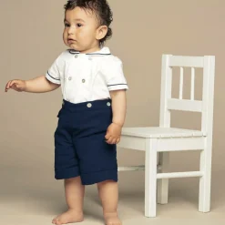 Boys Navy Blue & White Cotton Buster Suit