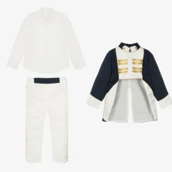 Boys Navy Blue Cotton & Satin Suit